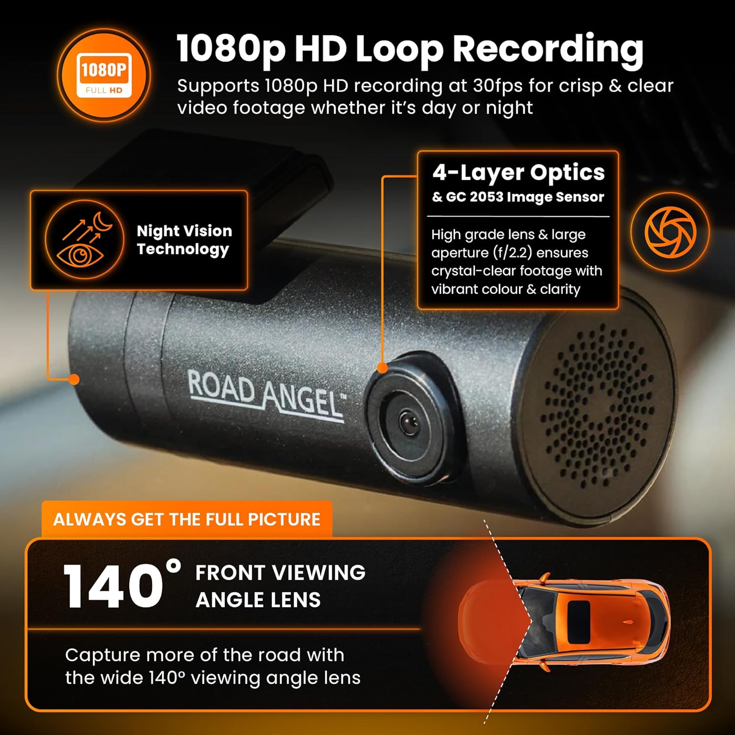 LV Exclusive – Road Angel Halo Go 2 1296p HD Dash Cam with 64GB SD Card & Night Vision