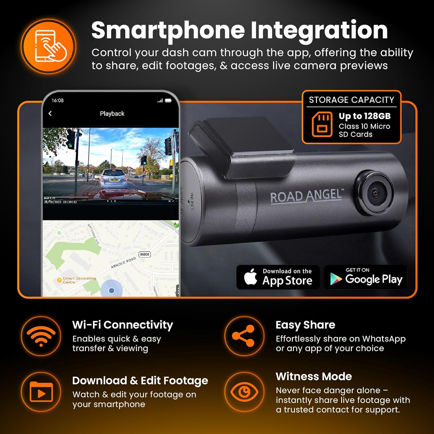 LV Exclusive – Road Angel Halo Go 2 1296p HD Dash Cam with 64GB SD Card & Night Vision