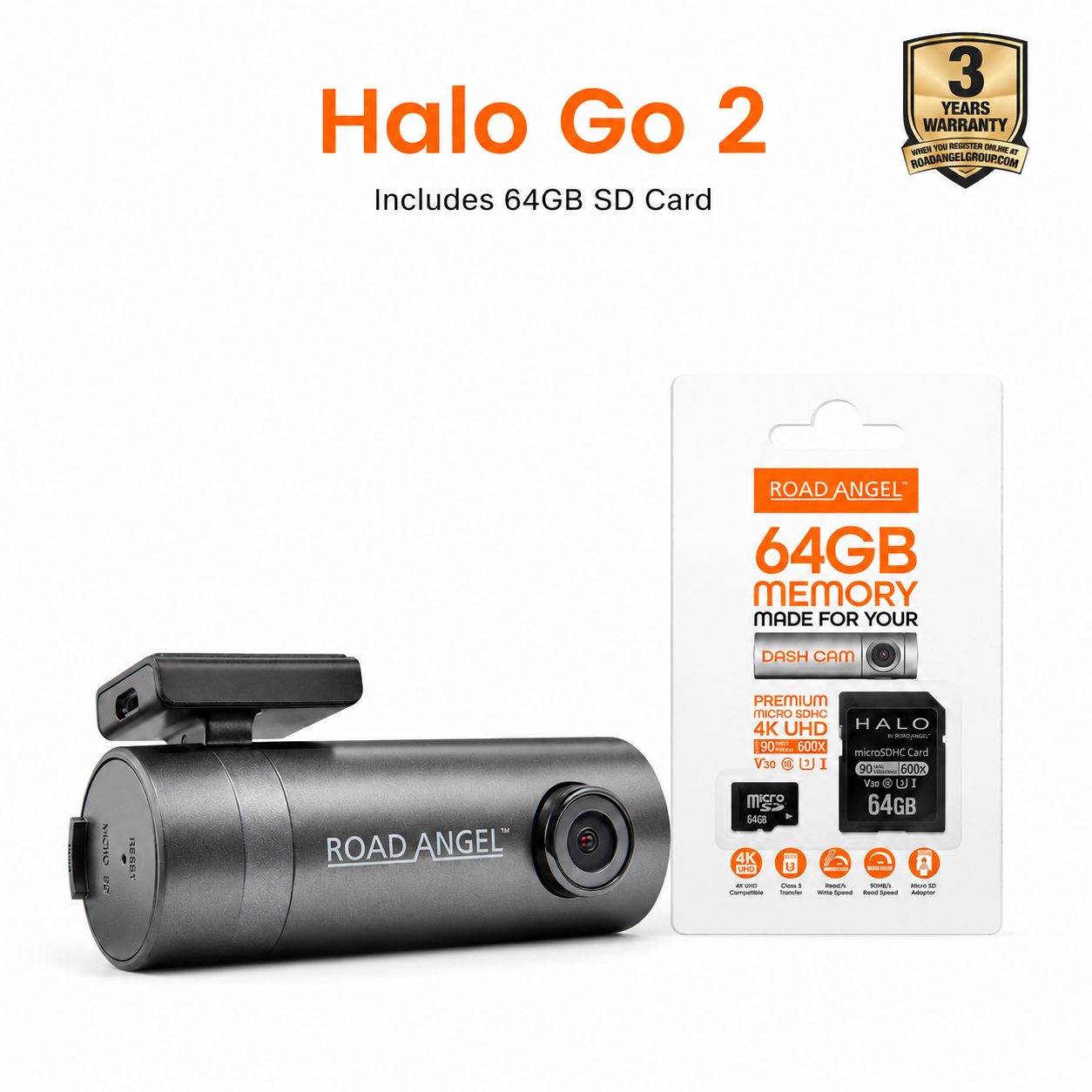 LV Exclusive – Road Angel Halo Go 2 1296p HD Dash Cam with 64GB SD Card & Night Vision