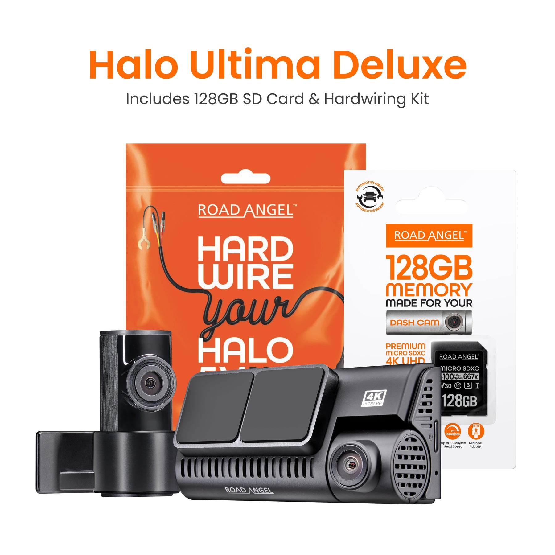 Clear - Road Angel Halo Ultima 4K Dual Dash Cam With 128GB SD Card And Hardwiring Kit
